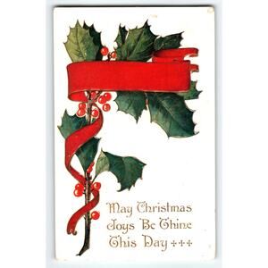 Vintage 1908 Christmas Postcard Holly Berries Red Ribbon Holiday